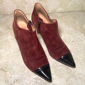 Burgundy Suede Pointed Toe Booties Black Patent Leather Tips Heels Office Casual